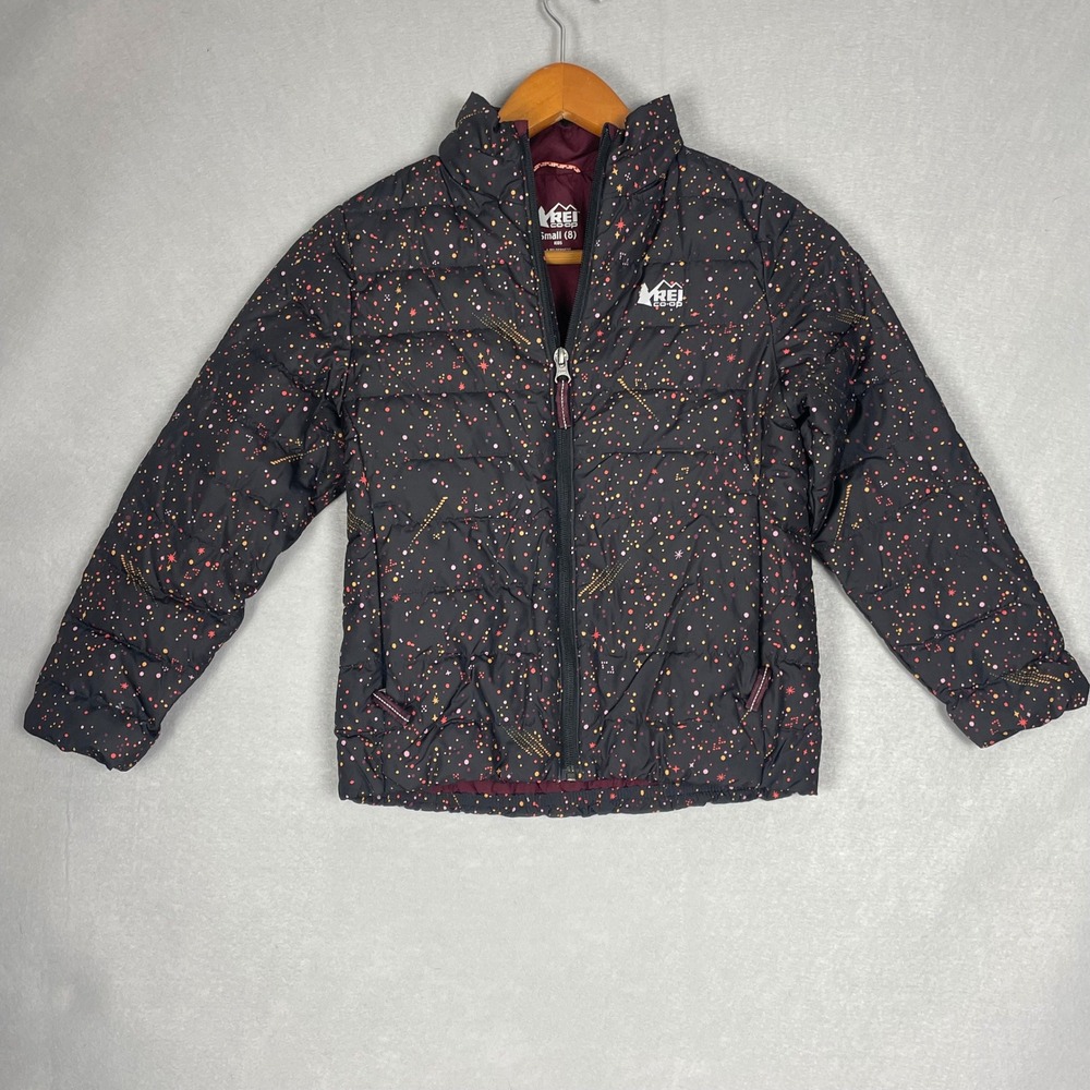 REI Co Op Kids Down Puffer Jacket Black Star‎ Print Full Zip Size Small 8